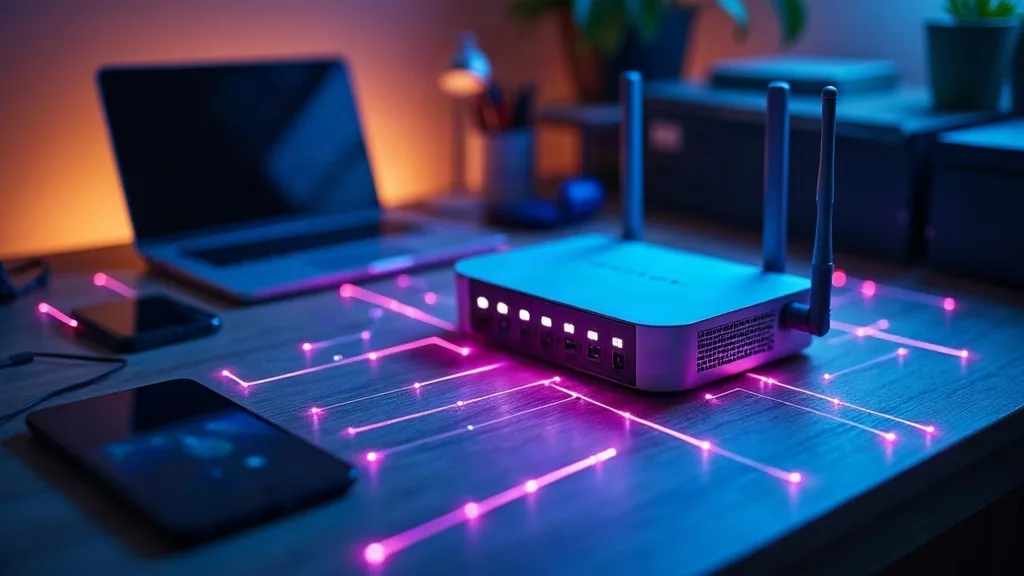 A modern home office with a router on a desk emitting soft blue and purple light rays spreading outward, surrounded by multiple glowing devices (laptop, smartphone, tablet, wireless headphones) in a c
