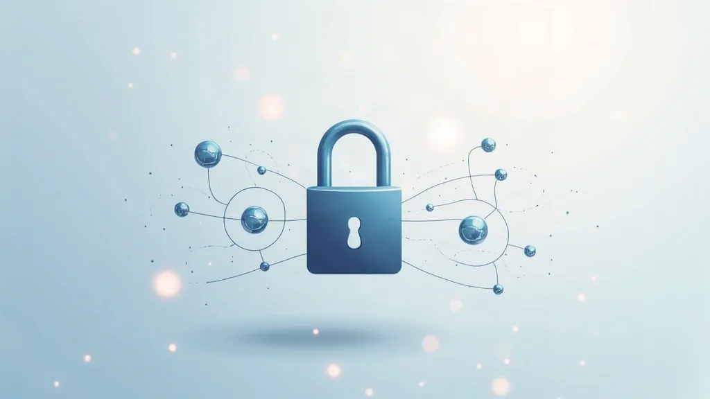 A minimalist illustration of a locked padlock with interconnected nodes or network lines flowing through and around it, set against a clean, neutral background with soft blue and grey tones. The image