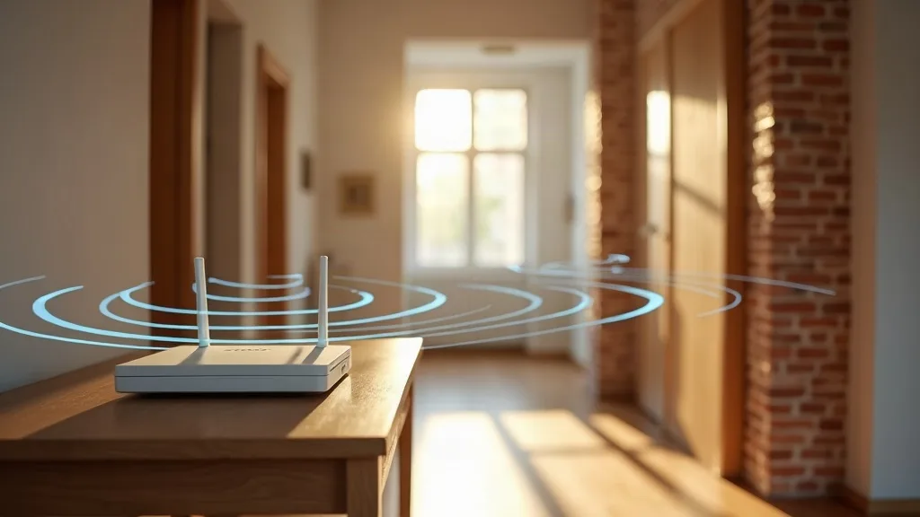 A modern home interior showing a router placed on a hallway table, with Wi-Fi signal rings gradually fading as they travel through visible doorways and past brick walls into different rooms. Warm, nat