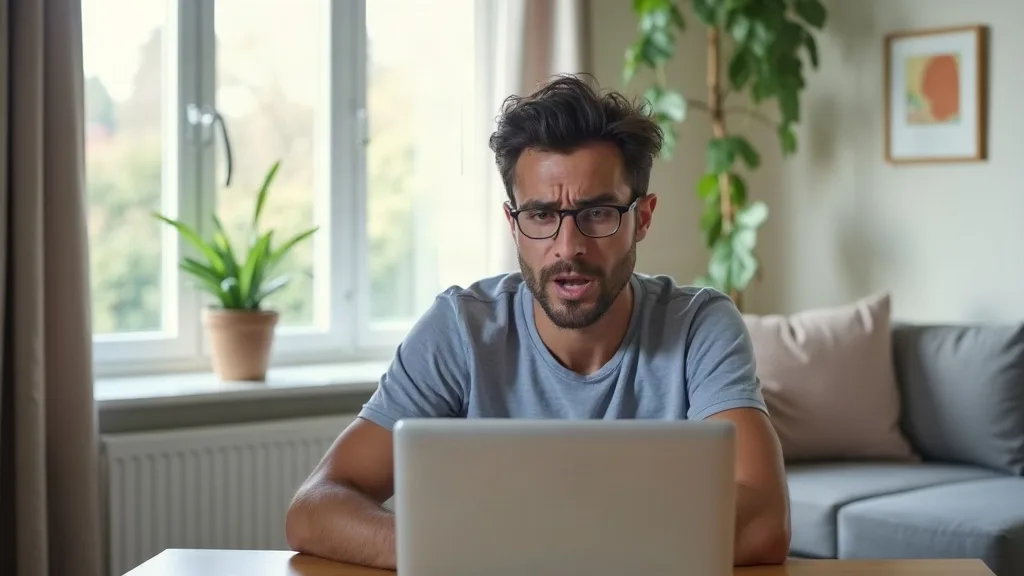A frustrated person sitting at a desk with a laptop, looking at a Wi-Fi extender unit positioned in a corner behind furniture. The room is brightly lit by natural daylight from a window, with a clear 