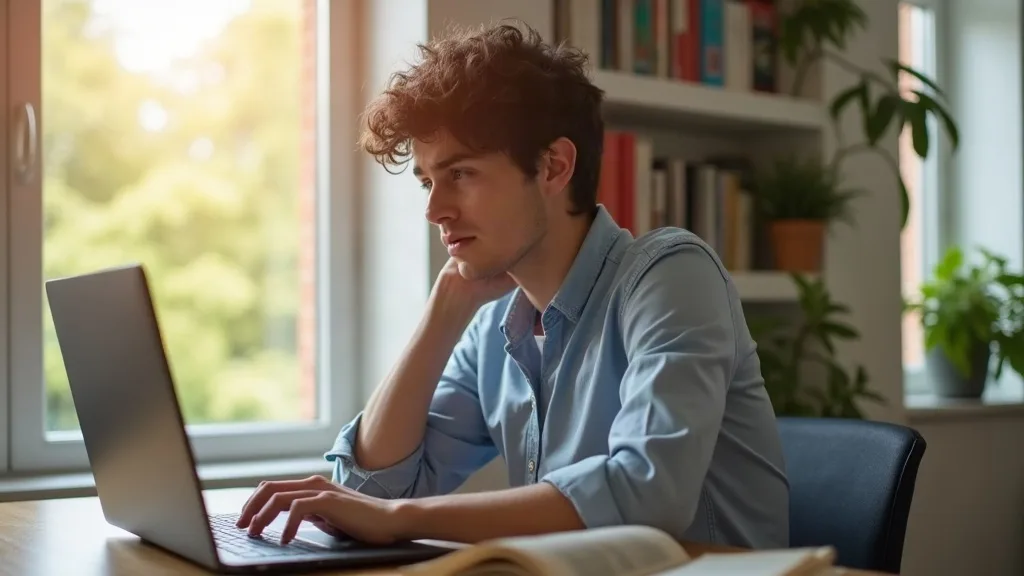 A person sitting at a desk with a laptop, looking slightly frustrated while glancing at a Wi-Fi router on a shelf behind them. The room is bright and naturally lit from a nearby window, with warm afte