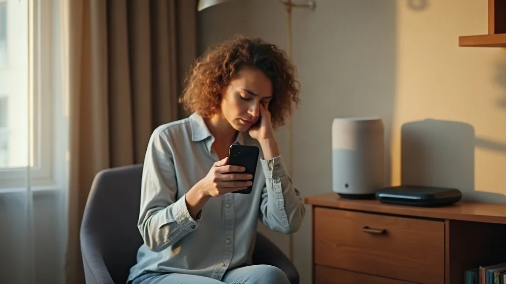 A frustrated person in a home living room holds a smart home device (like a smart speaker or Wi-Fi enabled gadget) in one hand while looking at their smartphone in the other, with a confused expressio