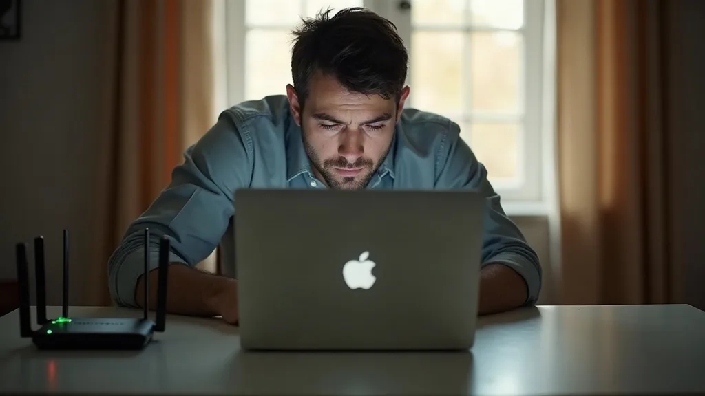 A person sitting at a desk indoors, looking at a laptop screen with a frustrated expression, whilst a Wi-Fi router with a green light sits nearby on the desk. The room is lit by soft natural daylight 