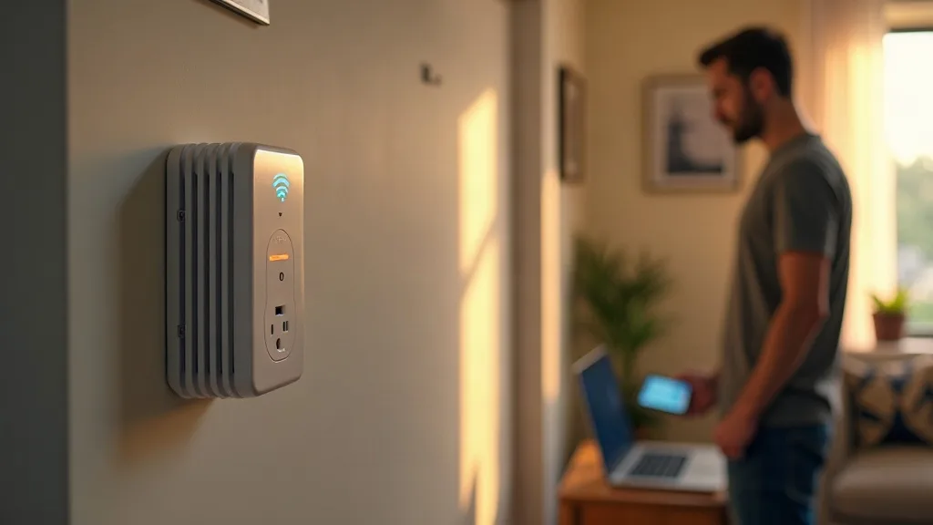A modern home interior showing a frustrated person looking at a Wi-Fi extender mounted on a hallway wall, with a laptop and smartphone on a nearby table displaying weak signal bars. Warm, soft natural