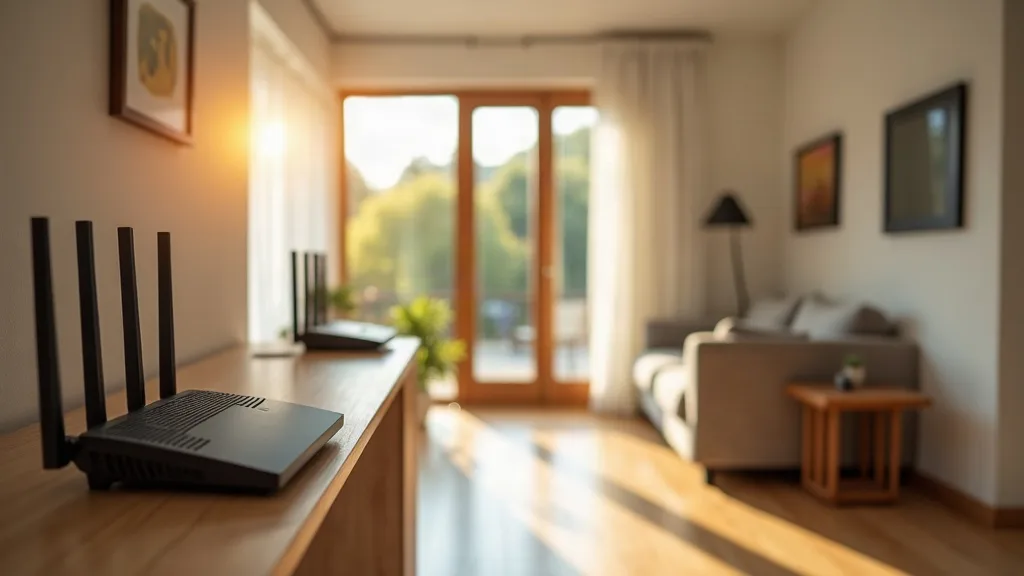 A modern home interior showing a Wi-Fi router on a shelf in a hallway, with two additional networking devices positioned at different distances throughout the connected rooms visible in the background