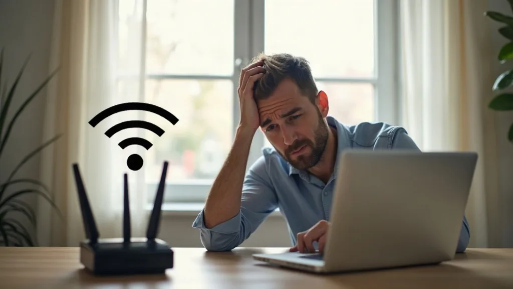 A frustrated person sitting at a desk with a laptop, holding their head in one hand while looking at a router with a weak Wi-Fi signal icon above it. The scene is lit by soft natural daylight from a w