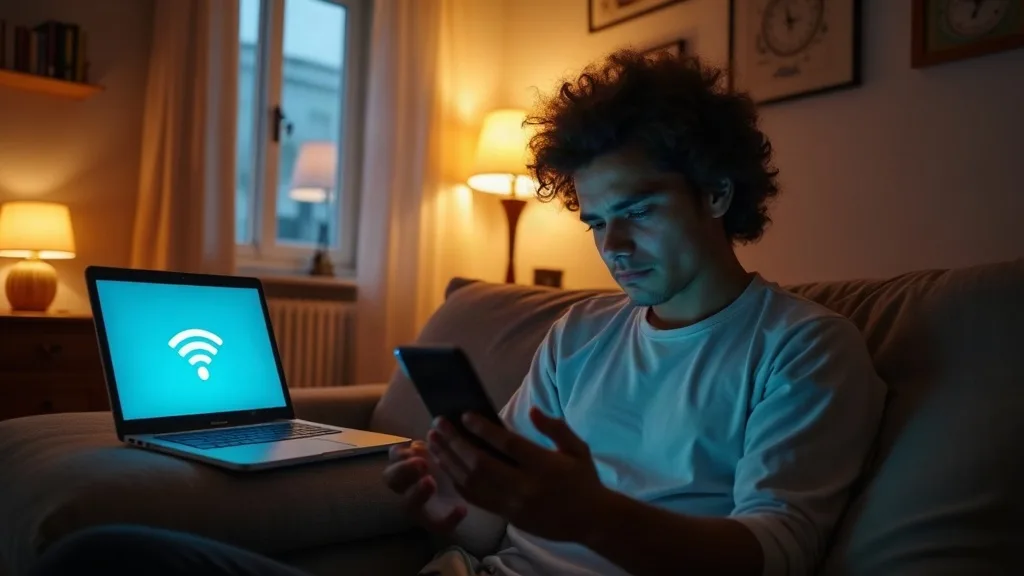 A person sitting on a sofa at home holding a smartphone with a frustrated expression, while a laptop and tablet beside them glow with active Wi-Fi connection indicators. Warm, natural daylight streams