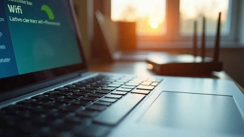 A close-up of a laptop keyboard and trackpad, slightly angled, with a soft glow from the screen showing a Wi-Fi connection menu. The background is a blurred home office desk with a router visible out 