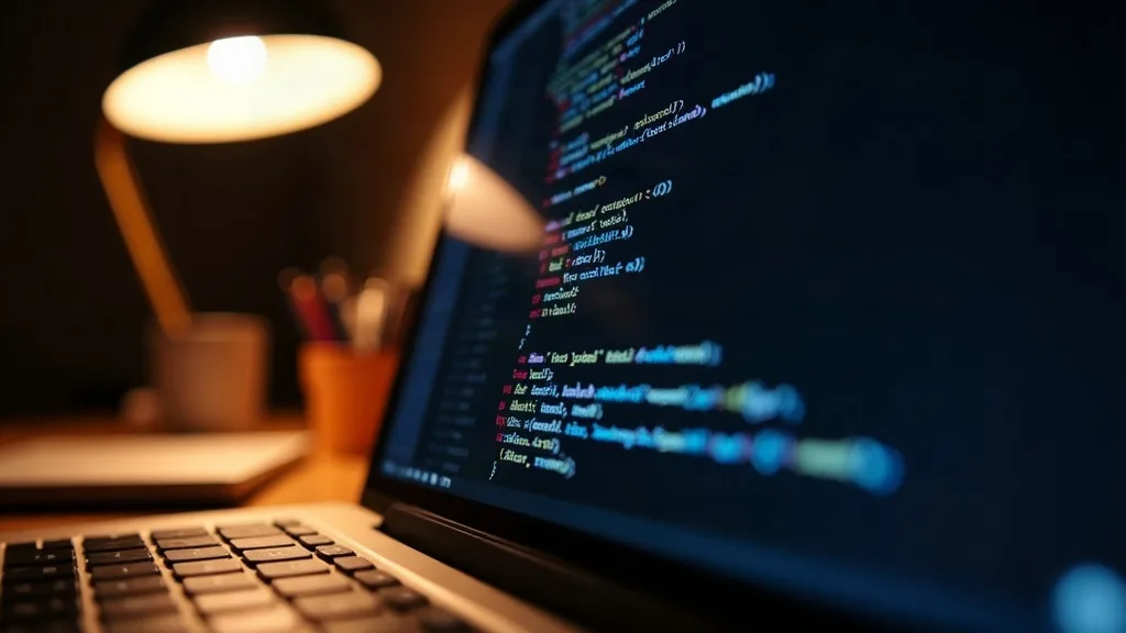 A close-up photograph of a laptop screen displaying a text editor with configuration code visible, shot at a slight angle in a home office setting. Warm desk lamp lighting casts a soft glow across the
