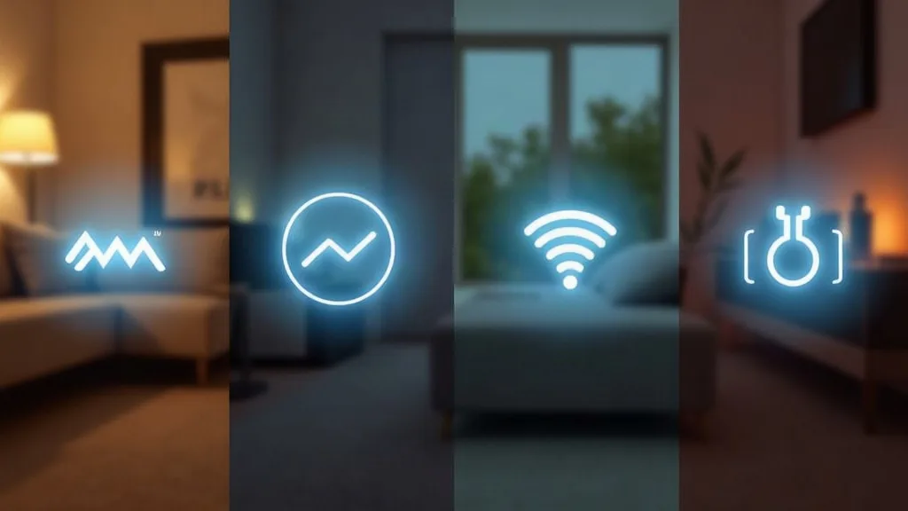 A split-screen comparison showing four different smart home protocol symbols or icons (a zigzag pattern, a wave, a Wi-Fi symbol, and a thread-like connector) each glowing softly in different colours a
